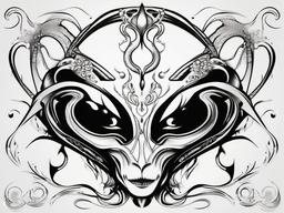 Black and White Alien Tattoo - Classic elegance meets cosmic charm in a black and white alien tattoo.  simple color tattoo,vector style,white background