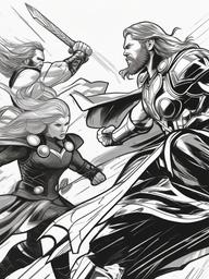 drawing of Thor fighting alongside other Avengers  minimal rough sketch scribbles,doodles,black and white