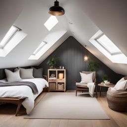 cozy attic bedroom with sloped ceilings and a cozy reading nook. 