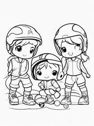 Kawaii Sports Coloring Pages - Adorable Characters Playing Sports Together  minimal black outline printable sheet, coloring page