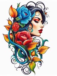 Flowers and vines tattoo, Creative tattoos featuring both flowers and vines.  vivid colors, white background, tattoo design