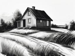 drawing of a cottage in the countryside  minimal rough sketch scribbles,doodles,black and white