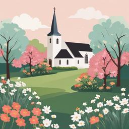 Church clipart - church grounds with blooming flowers  color,minimalist,vector clipart