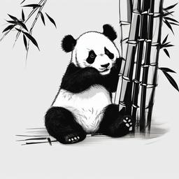 drawing of a baby panda eating bamboo  minimal rough sketch scribbles,doodles,black and white