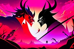 samurai jack vs aku - the samurai warrior jack engages in a relentless battle against the shape-shifting demon aku in a surreal, futuristic landscape. 