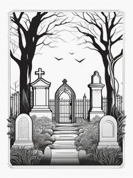 Foggy Graveyard Coloring Pages - Misty Cemetery with Shadows  minimal black outline printable sheet, coloring page