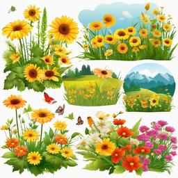 August clipart - nature scenes in August with blooming flowers  