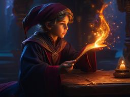 In world of magic, young mage discovers forbidden, dark spell. hyperrealistic, intricately detailed, color depth,splash art, concept art, mid shot, sharp focus, dramatic, 2/3 face angle, side light, colorful background