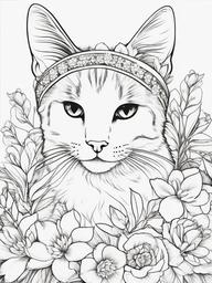 Kitty with a Flower Crown Coloring Pages - Kitten Adorned with Beautiful Flowers  minimal black outline printable sheet, coloring page