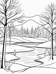 Winter Pond with Skaters Coloring Pages - Fun Ice Skating on Frozen Ponds  minimal black outline printable sheet, coloring page