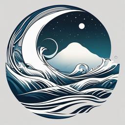 Moon and Wave Tattoo - Blend celestial beauty with the fluidity of waves in a moon and wave tattoo.  simple vector color tattoo,minimal,white background