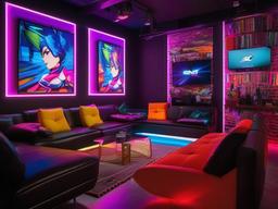 In the gamer room, Pop Art interior design features vibrant gaming setups, colorful posters, and dynamic lighting that create an energetic environment for immersive gaming experiences.  