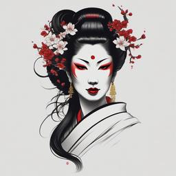 Geisha with Hannya Mask Tattoo - Blends the grace of a Geisha with the iconic Hannya mask in a symbolic tattoo design.  simple color tattoo,white background,minimal