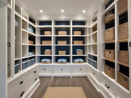 The storage room showcases Hampton interior design with organized bins, light colors, and coastal accents that maximize efficiency while maintaining a fresh aesthetic.  