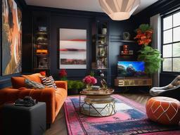 Maximalist gamer room showcases bold colors, eclectic decor, and a mix of furniture styles, making it a lively and dynamic space for gaming.  