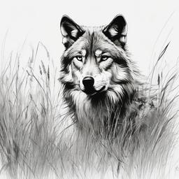 drawing of a wolf in grassland  minimal rough sketch scribbles,doodles,black and white