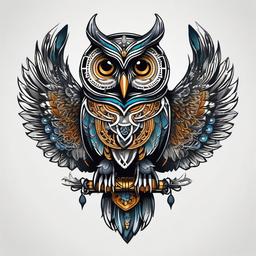 Bubo Tattoo - Pay tribute to the mechanical owl Bubo from mythology with a captivating tattoo.  simple color tattoo,vector style,white background