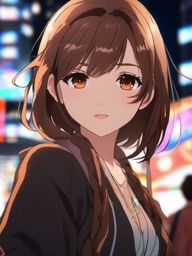 Front facing face, girl with brown hair, sharp eyes in a bustling anime festival.  close shot of face, face front facing, profile picture pfp, anime style