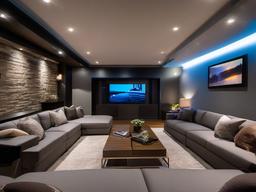 The basement highlights High Tech interior design with modern furnishings, integrated sound systems, and sleek lighting that create a stylish space for entertainment and relaxation.  