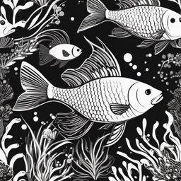 Fish Clip Art Black and White,Illustrating a monochrome marine life mural with fish clip art black and white  simple, 2d flat