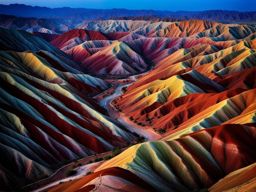 zhangye danxia national geological park - capture the mesmerizing night view of zhangye danxia's rainbow-colored mountains, where the natural beauty is accentuated by moonlight. 