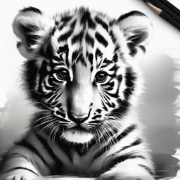 drawing of a tiger cub  minimal rough sketch scribbles,doodles,black and white