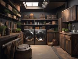 A utility room designed with Post-Apocalyptic interior design includes rugged storage solutions, unique decor, and an engaging layout that makes chores feel lively and manageable.  