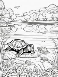 Turtle Coloring Pages - Turtle family enjoying a picnic by the lake  simple coloring pages