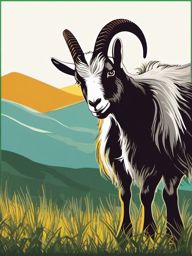 Goat Sticker - A horned goat grazing on grass, ,vector color sticker art,minimal