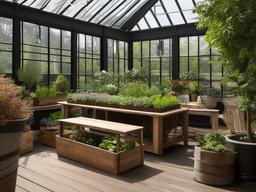 The greenhouse showcases rustic interior design with wooden planters, natural light, and charming decor that create an inspiring environment for gardening and plant care.  