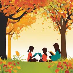 Reading clipart - children reading under a tree during summer  color,minimalist,vector clipart