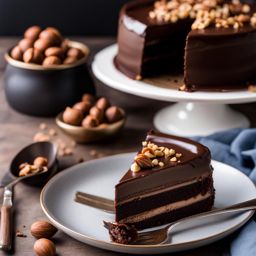 a slice of decadent chocolate hazelnut torte, with layers of chocolate ganache and hazelnut praline. 