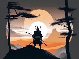 Samurai tattoo on a cliff, facing the setting sun.  color tattoo,minimalist,white background