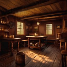 18th century New England tavern interior draw in oil paint style