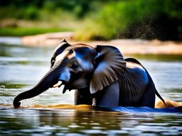 curious baby elephant splashing in a river with its trunk. 