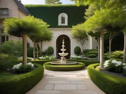 In the garden, traditional interior design highlights elegant landscaping, classic sculptures, and a well-maintained aesthetic that create a charming outdoor retreat for relaxation and enjoyment.  