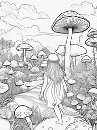 Fairy in a Field of Mushrooms Coloring Pages - Fairy Exploring a World of Mushrooms  minimal black outline printable sheet, coloring page