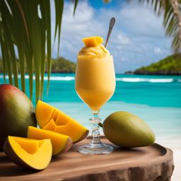 mango sorbet indulged on a tropical island beach with turquoise waters. 