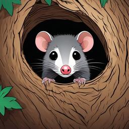 Opossum cartoon - Opossum hiding in a tree hollow  