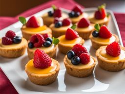 a platter of mini cheesecakes, each with a different fruity topping and a buttery graham cracker crust. 