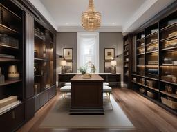 The storage room showcases Russian Revival interior design with organized shelving, rich decor, and elegant accents that maximize efficiency while adding a refined character to the space.  