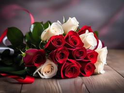 Valentines Day background - Bouquet of red and white roses tied with a satin ribbon  aesthetic background wallpaper