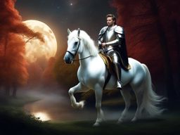 gallant knight in shining armor riding a majestic unicorn through a moonlit glade. 