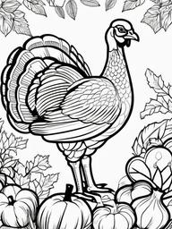 Turkey and Veggie Harvest Coloring Pages - Thanksgiving Turkey with a Bountiful Crop  minimal black outline printable sheet, coloring page