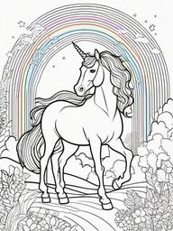 Rainbow Coloring Page - Rainbow with fantasy elements like unicorns.  easy,simple,minimal,coloring pages,black and white outline