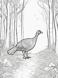 Turkey in a Forest Coloring Pages - Turkey Wandering Through the Autumn Woods  minimal black outline printable sheet, coloring page