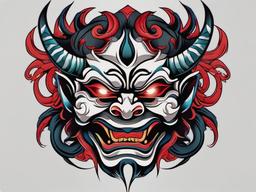 oni mask neo traditional  simple color tattoo,white background,minimal