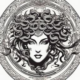 Medusa Beautiful Tattoo - Capture the beauty of Medusa with a tattoo design that emphasizes her striking features and mythical allure.  simple vector color tattoo,minimal,white background
