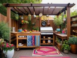 Bohemian outdoor kitchen is adorned with colorful textiles, eclectic decor, and potted plants, creating a lively and inviting environment for cooking and entertaining.  