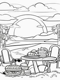 Summer Coloring Pages - Cheerful sun wearing sunglasses shining over a picnic  simple coloring pages